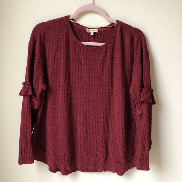 Democracy Sweaters - Democracy Red Waffle Shirt with Ruffle Sleeve
